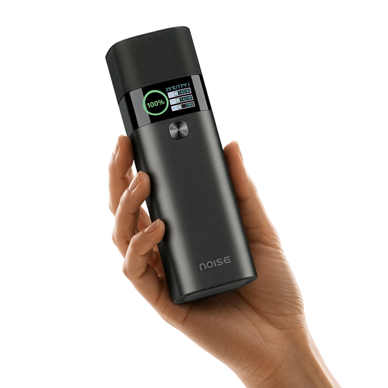 Noise 27,600mAh 140W Power Bank — Noise 27,600mAh power bank shown in hand for scale.