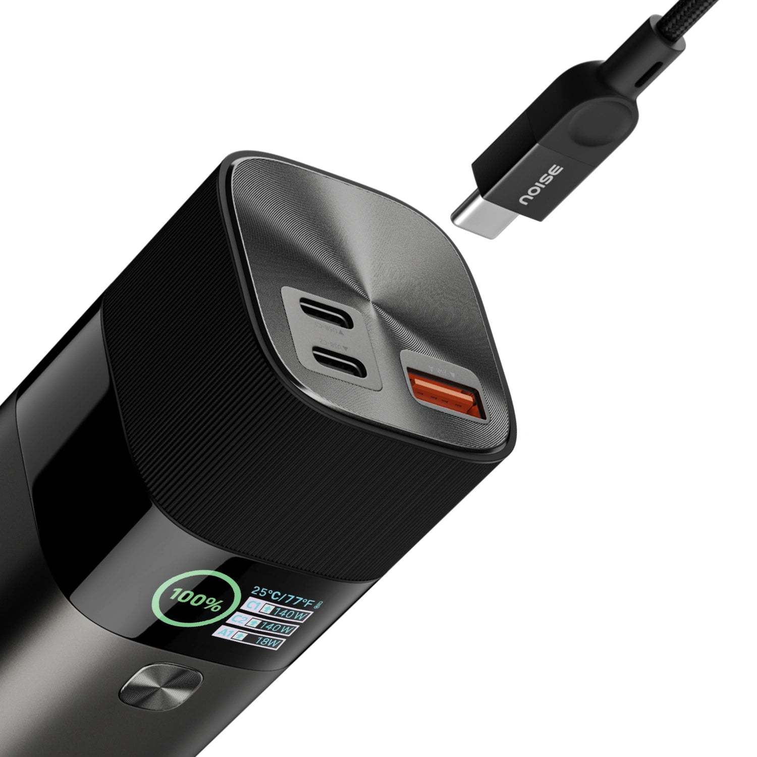 Noise 27,600mAh 140W Power Bank — Angled view showing the USB ports and cable connection.