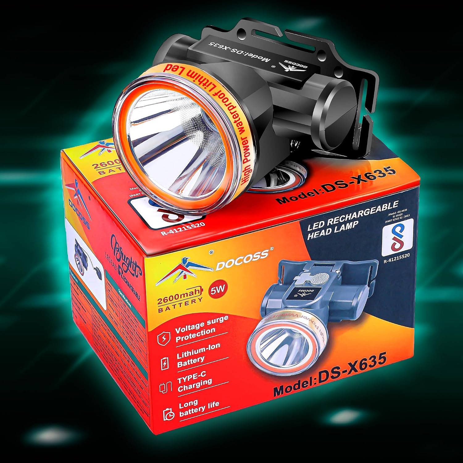 DOCOSS Ultra Bright LED Headlamp — The DOCOSS Big Battery headlamp shown with its product box.
