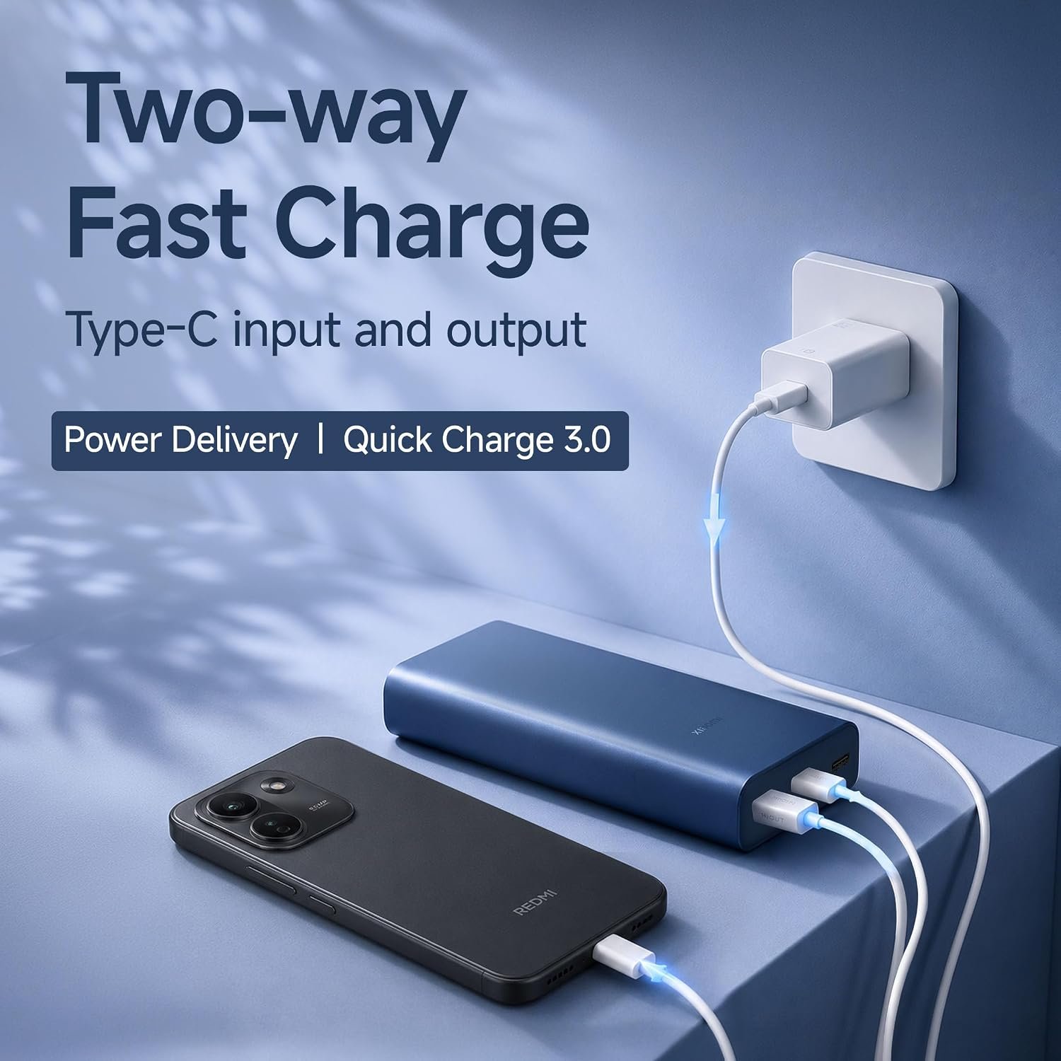 Xiaomi Power Bank 4i 20,000mAh 33W — Retailer illustration of two-way USB-C charging on the Xiaomi 4i.