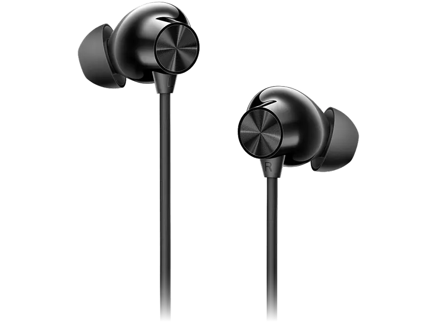 Close-up of the black OnePlus Bullets Wireless Z3 earbuds and magnetic housings.
