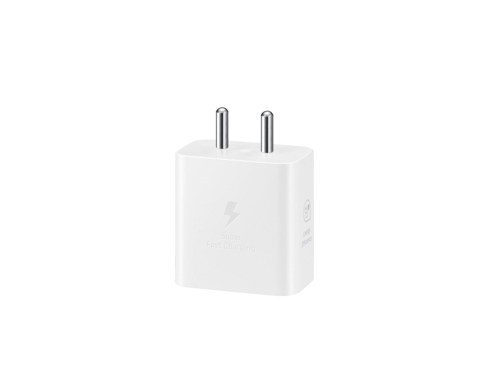 Samsung 25W USB-C Travel Adaptor in White, shown with its two round mains pins.